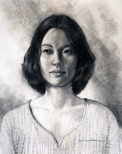 Original art conte crayon titled Asian Girl