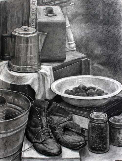 Original art conte crayon titled Old Friends