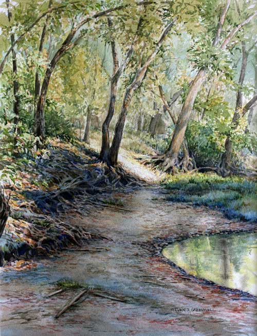 Original art watercolor titled Deer Creek Bank