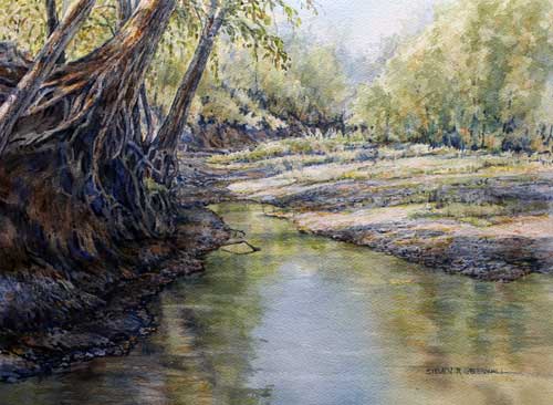 Original art watercolor titled Deer Creek Bend