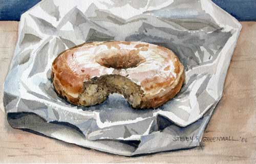 Original art watercolor titled Donut Bite