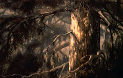 Original art pastel titled Pine Interior