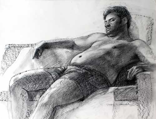 Original art conte crayon titled After Dinner Snooze